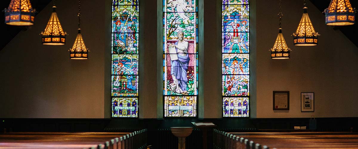 Sanctuary with stained glass windows