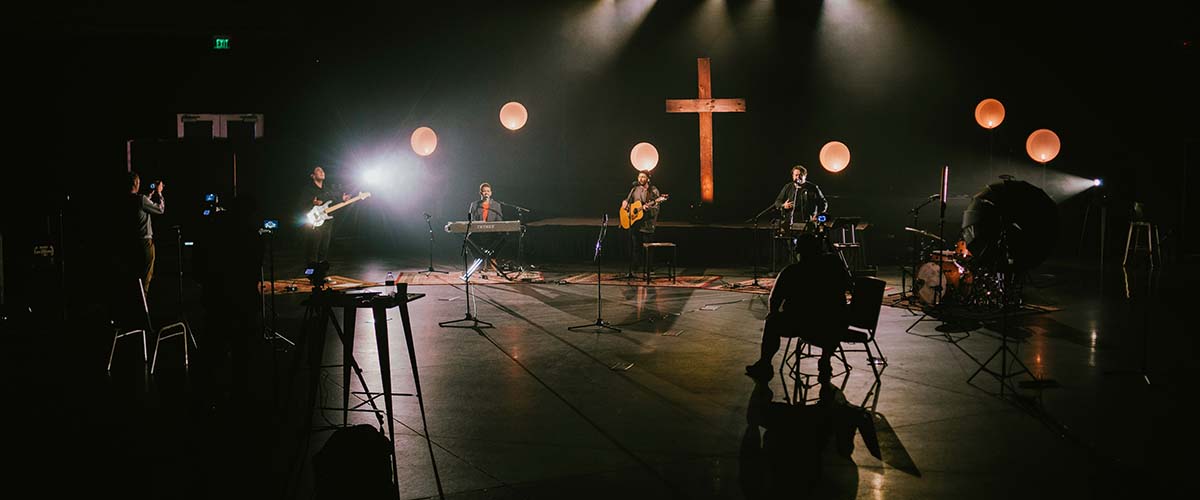 Volunteers setting up for a church service